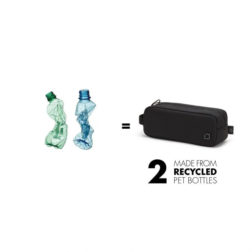 A black zippered pouch shown on a white background with two recycled plastic bottles and text reading '2 MADE FROM RECYCLED PET BOTTLES'.