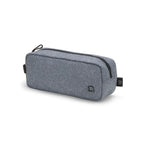 A gray heathered zippered pouch with black trim and a small black logo tab, shown on a clean white background.