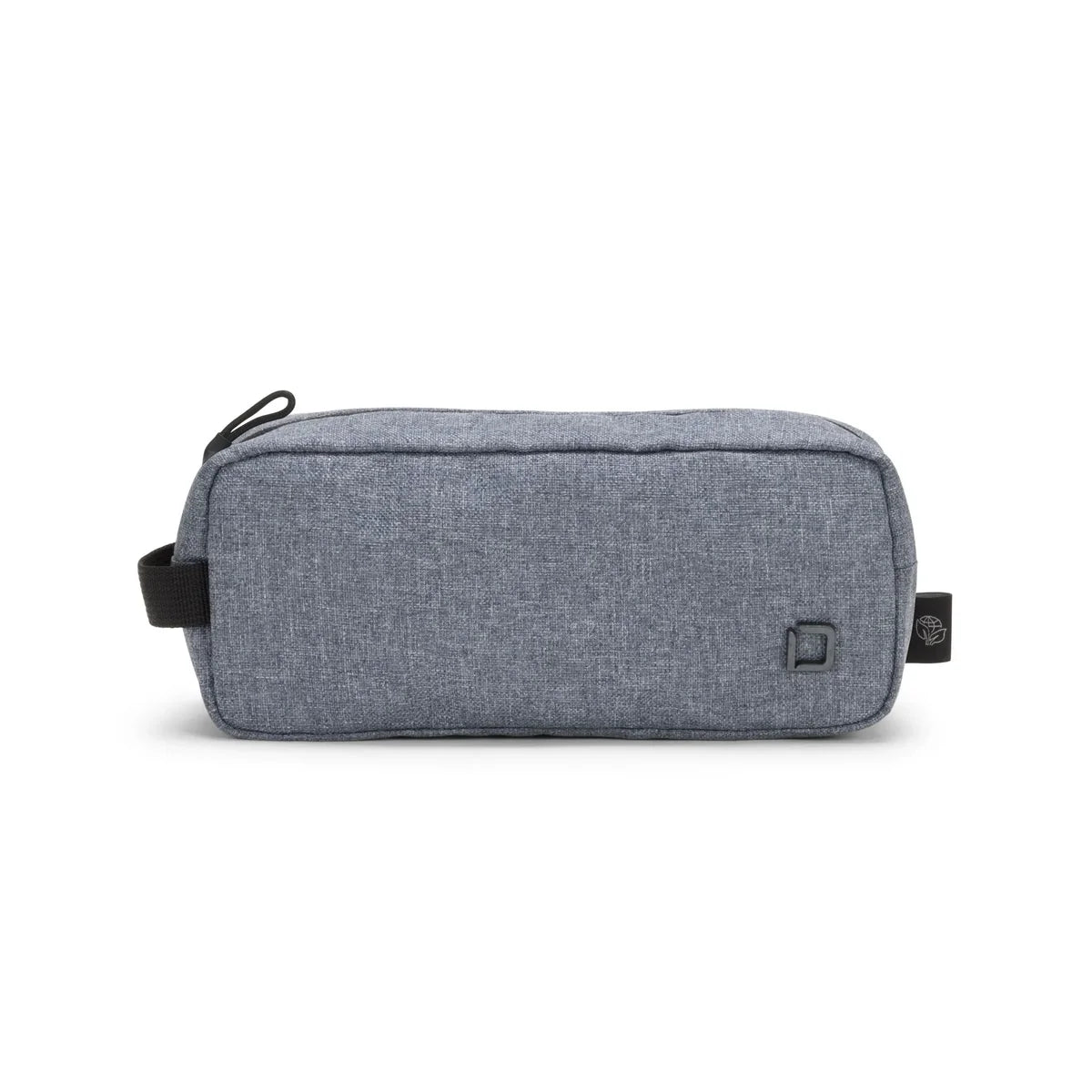 A rectangular gray textured zippered pouch with black side loops and a small square logo patch on the front, shown on a plain white background.