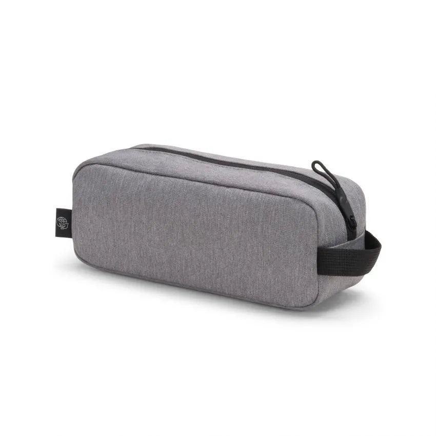 A gray heathered rectangular zippered pouch with black zipper trim and a black webbing handle, shown on a clean white background.