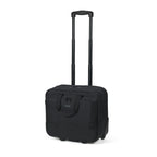 Black rolling suitcase on a white background