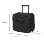 Black rolling suitcase with an extended telescoping handle and wheels, shown on a white background with dimension lines and measurements for height, width, and depth.