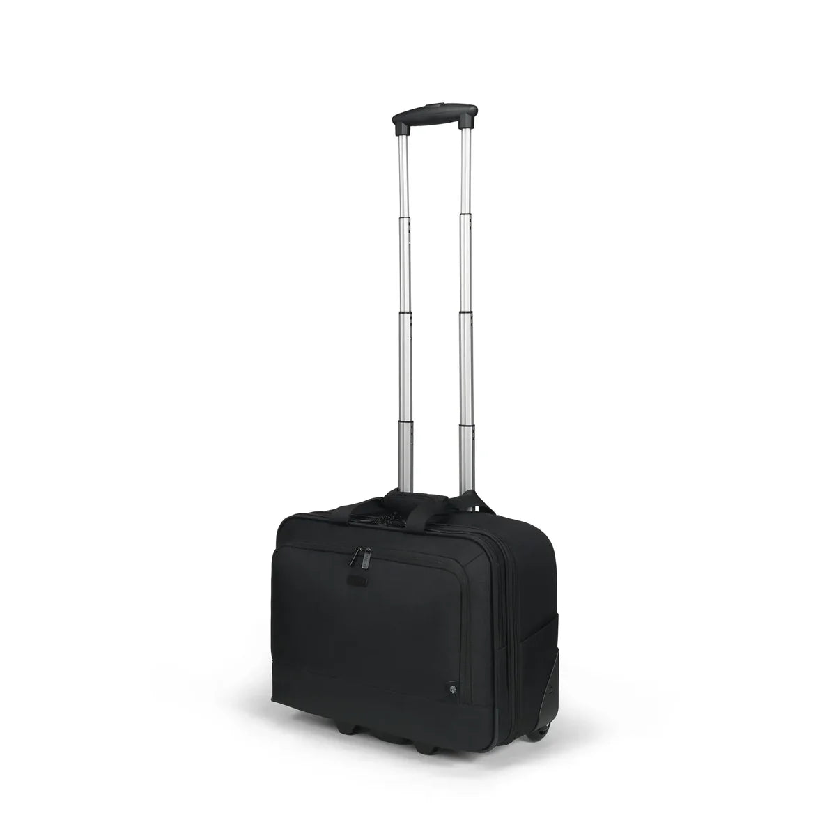 Black rolling suitcase on a white background
