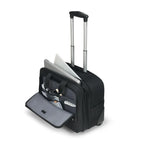 Black rolling suitcase with open compartment on a white background