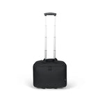 A black rolling laptop bag with an extended silver telescoping handle, shown from the front on a clean white background.