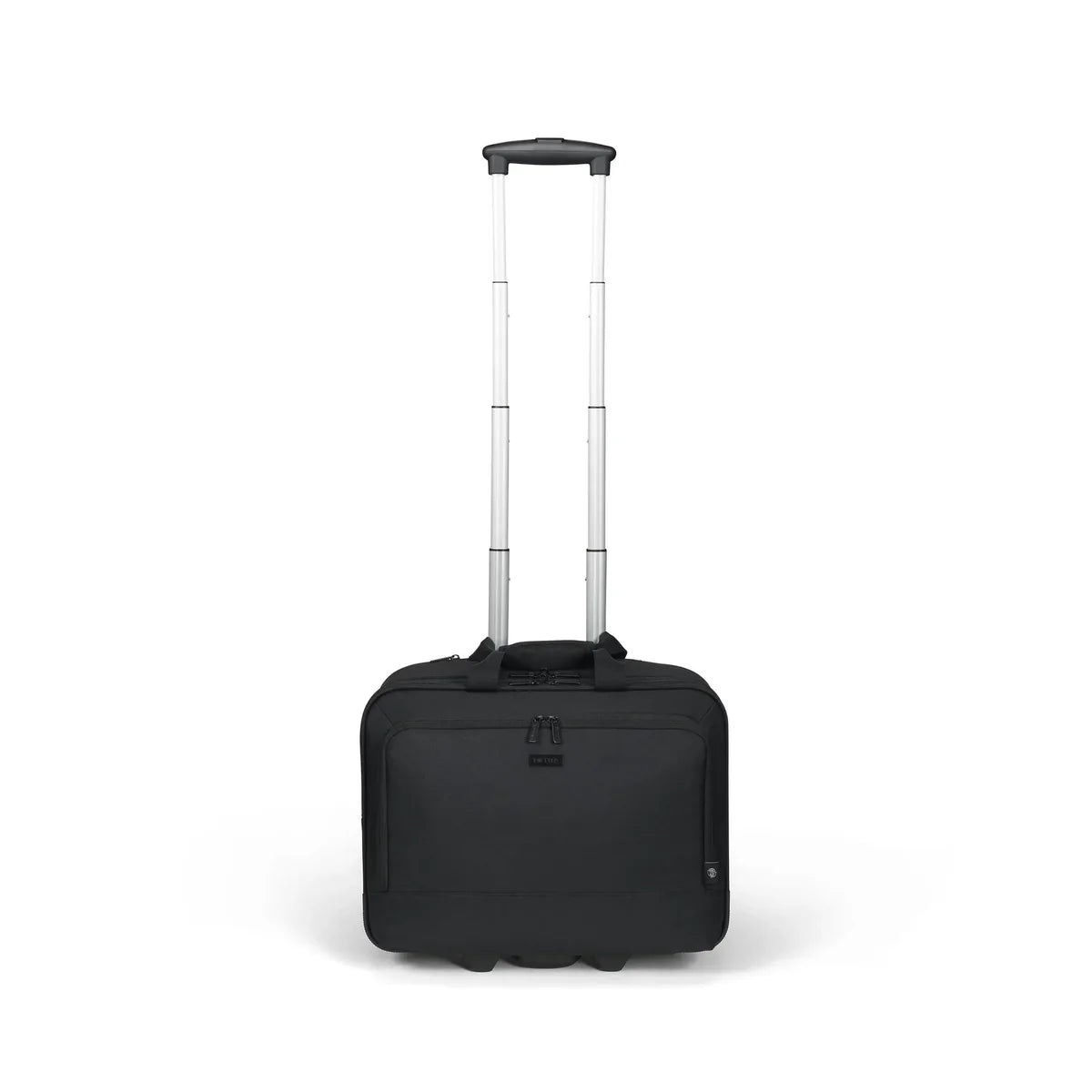 A black rolling laptop bag with an extended silver telescoping handle, shown from the front on a clean white background.