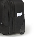 Black suitcase with a pocket containing a card on a white background