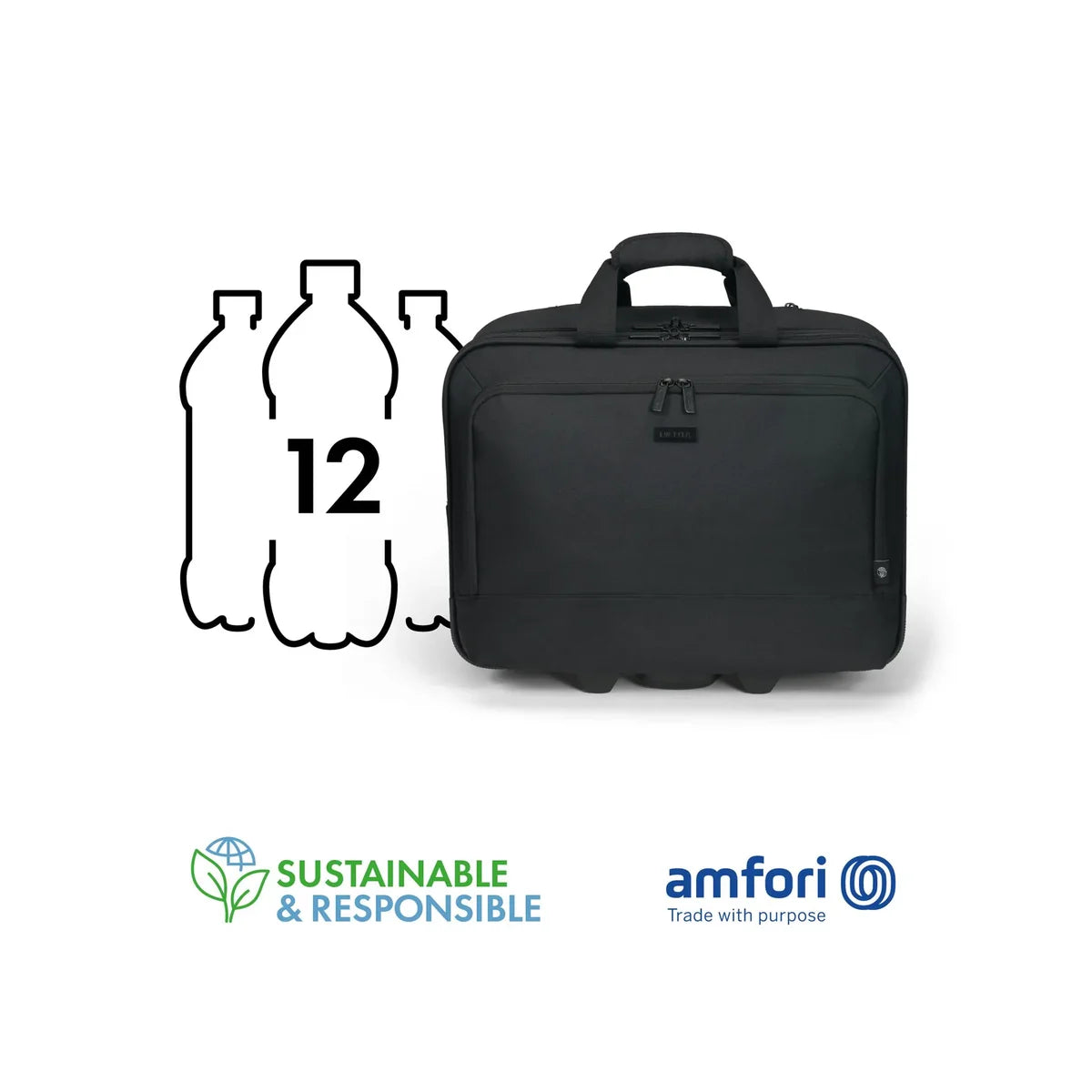 A black laptop briefcase shown on a white background with a graphic indicating it is made from recycled 12 plastic bottles. Logos for 'Sustainable & Responsible' and 'amfori Trade with purpose' are displayed at the bottom.