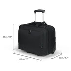 Black rolling laptop bag with an extended telescoping handle and wheels, shown on a white background with dimension lines and labels indicating 38 cm height, 48 cm width, and 22 cm depth.
