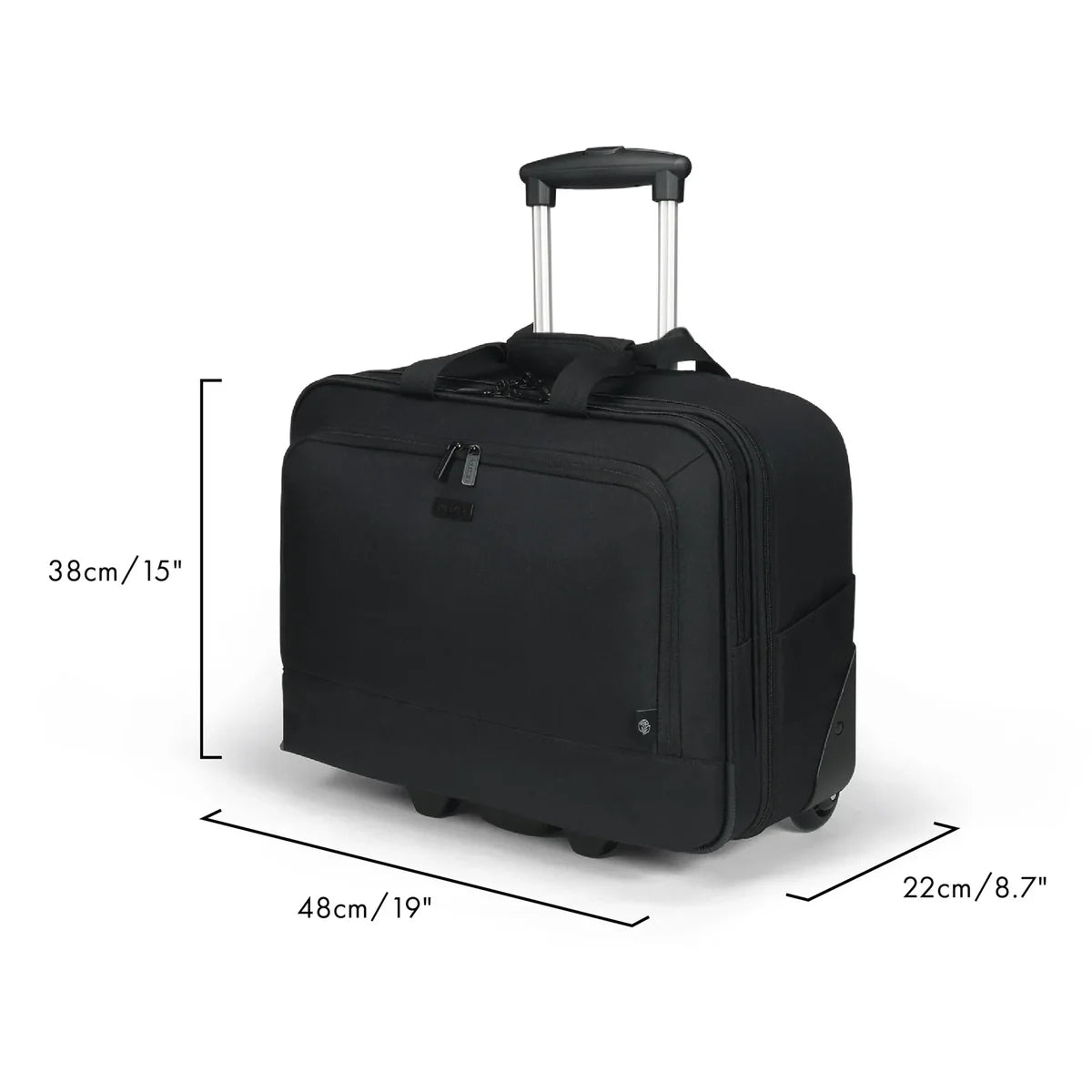 Black rolling laptop bag with an extended telescoping handle and wheels, shown on a white background with dimension lines and labels indicating 38 cm height, 48 cm width, and 22 cm depth.