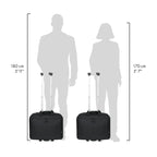 Two black rolling suitcases shown with human silhouette size references and height measurements labeled 180 cm (5'11") and 170 cm (5'7") on a white background.