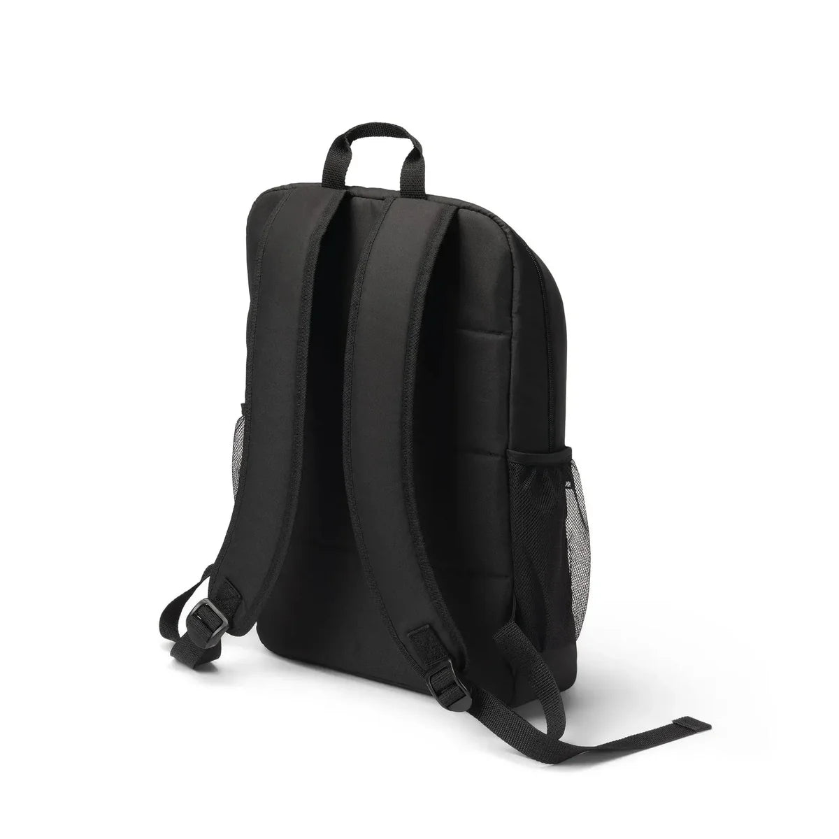 A black backpack shown from a rear three-quarter view on a plain white background.