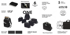 A promotional infographic for a black backpacking and laptop bag set, labeled 'ONE', showing multiple bag sizes and configurations on a white background with feature callouts, size 17.3 inches, Amfori certification, and other text.