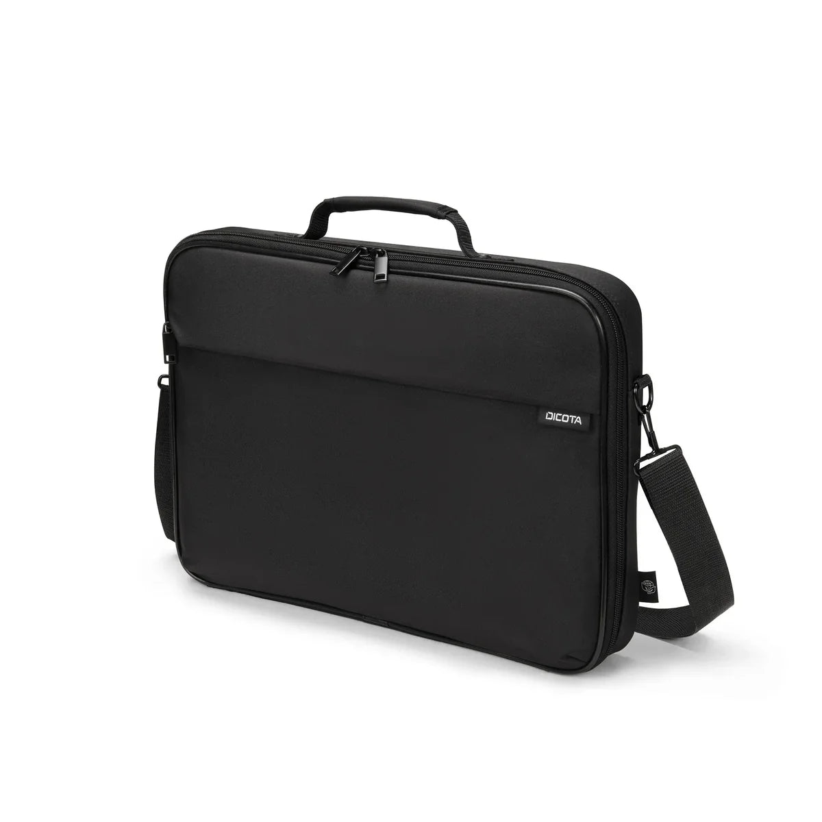Black briefcase with shoulder strap on a white background