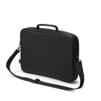 Black briefcase with a shoulder strap on a white background