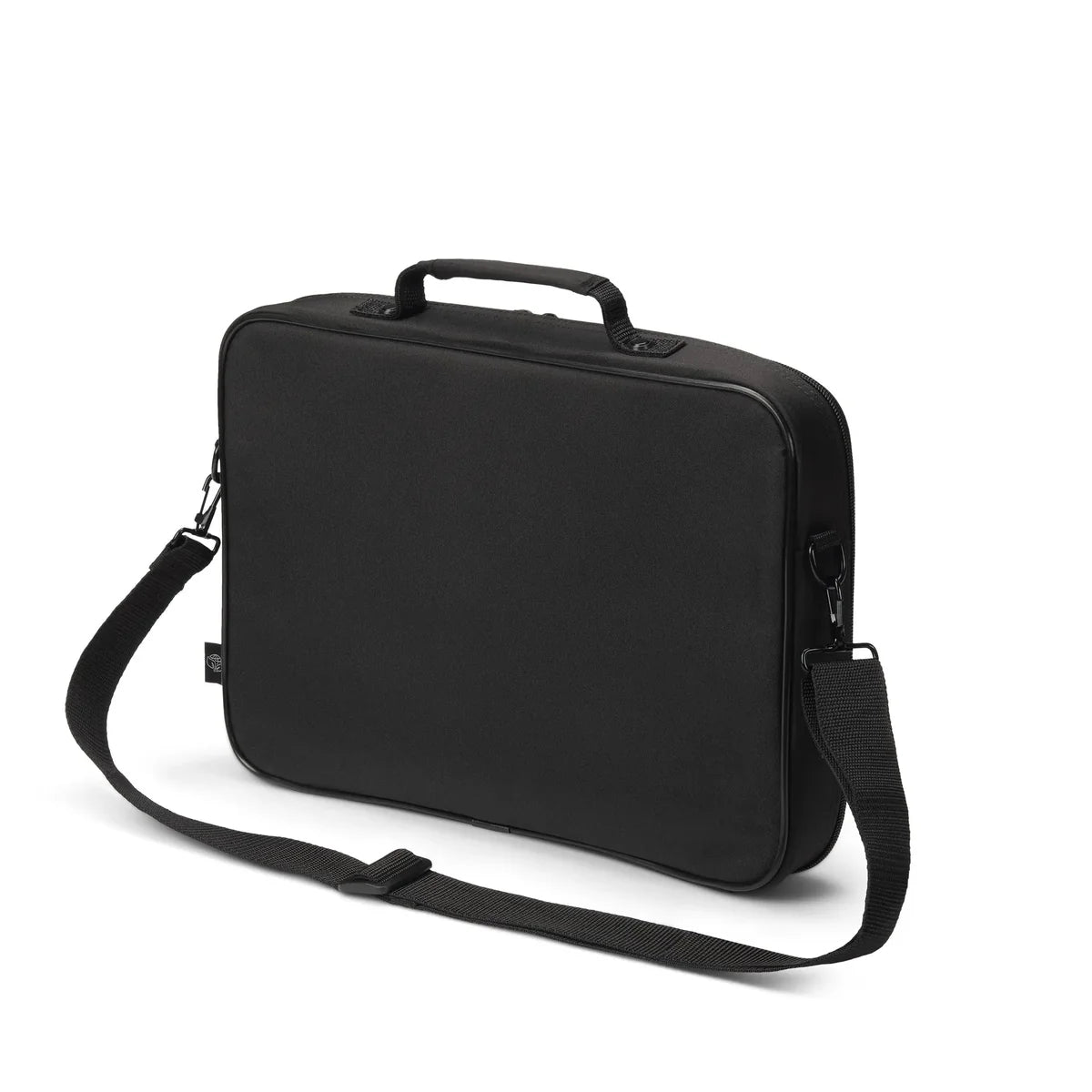 Black briefcase with a shoulder strap on a white background
