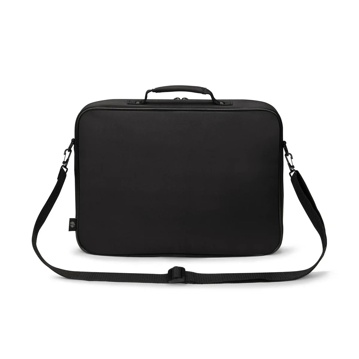 A black laptop briefcase with a top handle and an adjustable shoulder strap, shown against a plain white background.