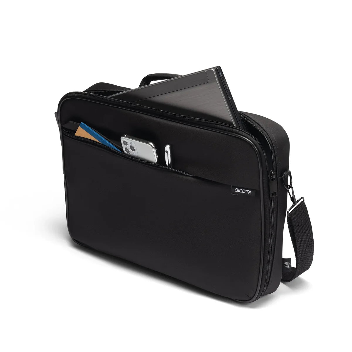 Black laptop bag with a tablet and phone on a white background