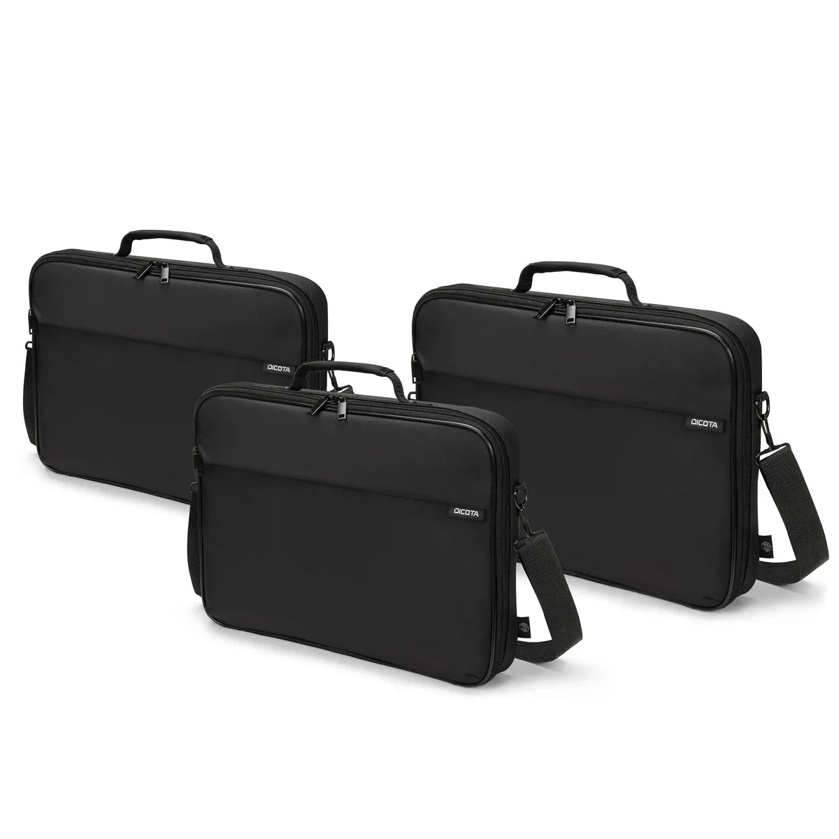 Three black briefcases of different sizes on a white background