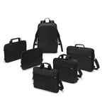 A set of black laptop and briefcase bags arranged on a plain white background, including a backpack, multiple briefcases, and two larger document bags.