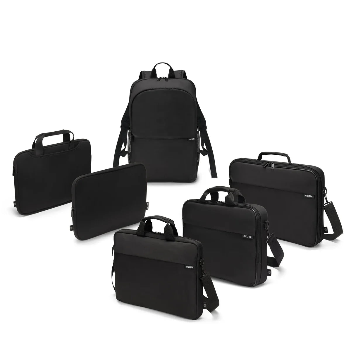 A set of black laptop and briefcase bags arranged on a plain white background, including a backpack, multiple briefcases, and two larger document bags.