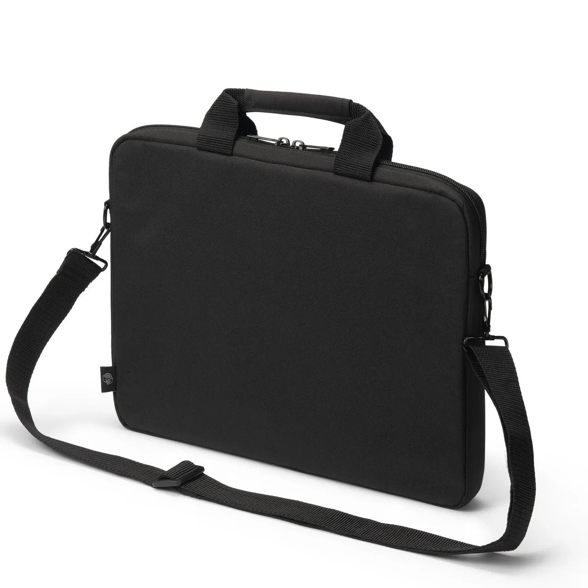 A black neoprene laptop sleeve with a top handle and an adjustable shoulder strap, shown on a clean white background.