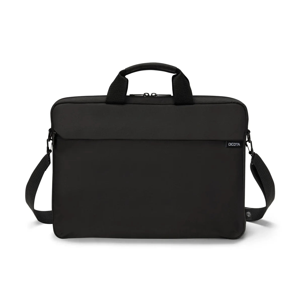 A black laptop briefcase with a top handle, adjustable shoulder strap, and a small white 'DECOTA' brand tag on the right side, shown against a plain white background.