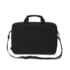 Black laptop bag with a shoulder strap on a white background
