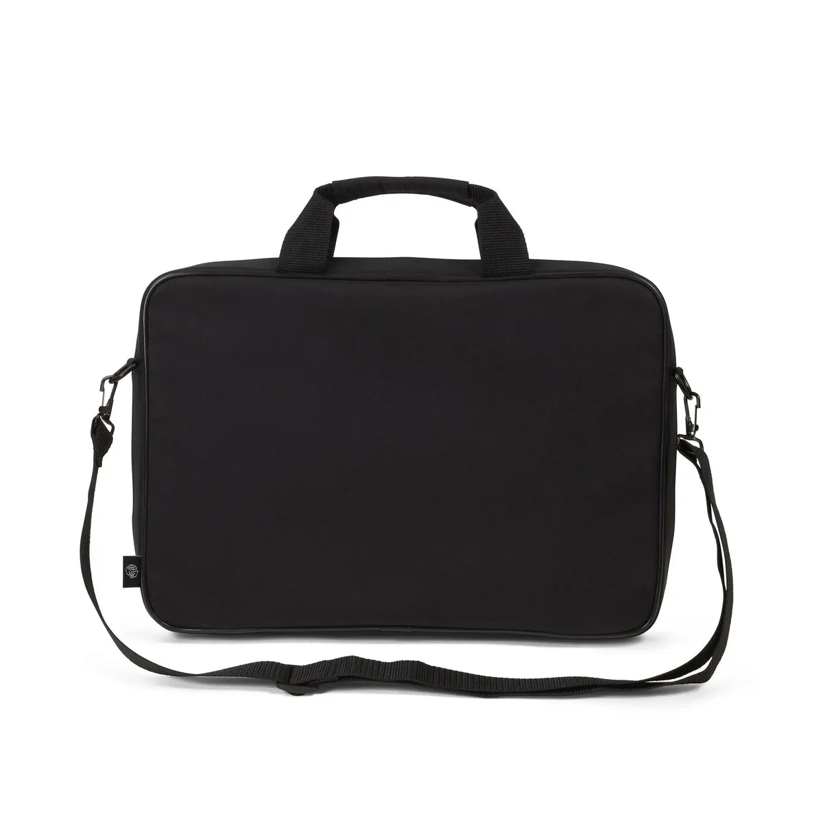 Black laptop bag with a shoulder strap on a white background