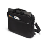 Black briefcase with a shoulder strap on a white background
