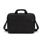 Black briefcase with shoulder strap on a white background