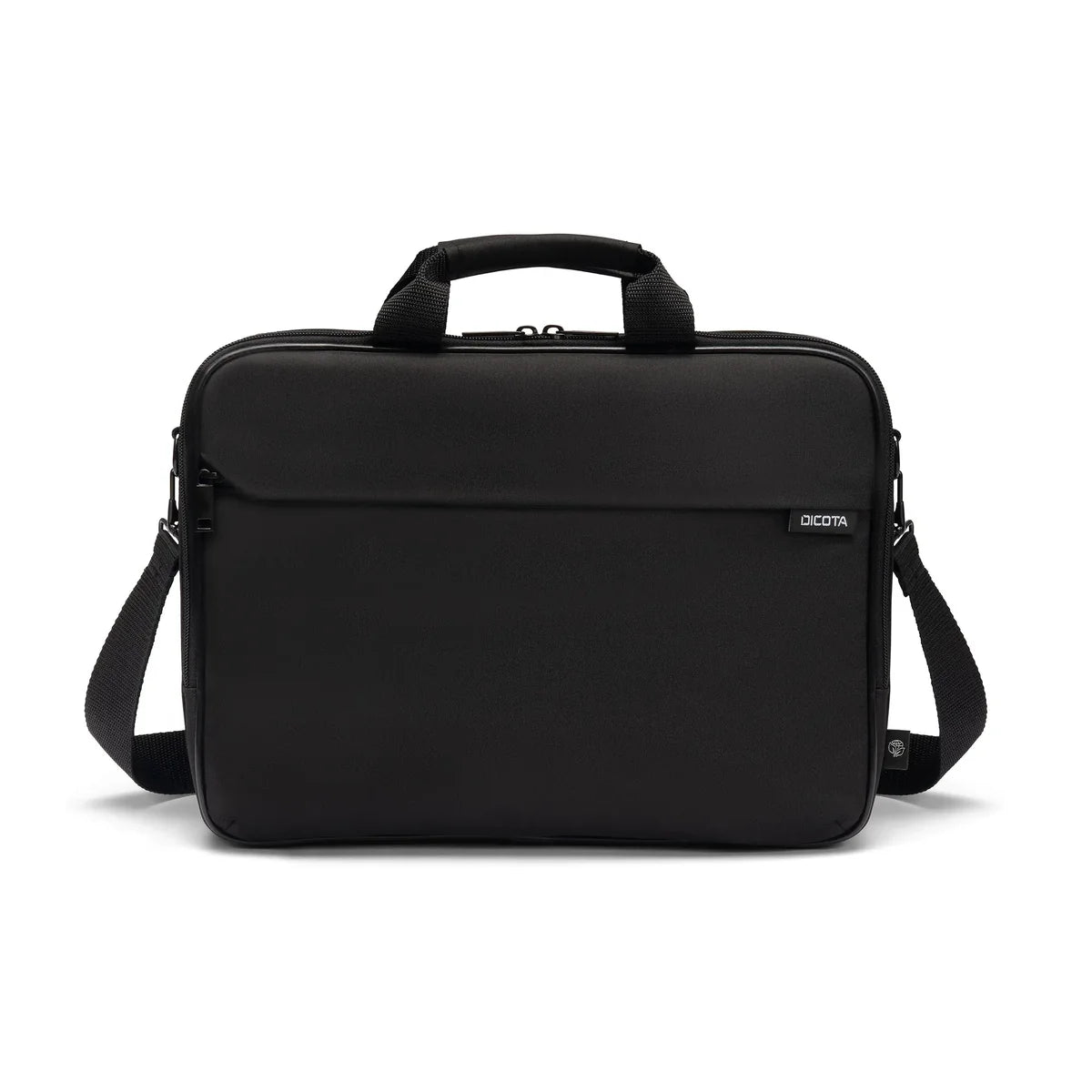 Black briefcase with shoulder strap on a white background