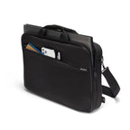 Black briefcase with a shoulder strap on a white background