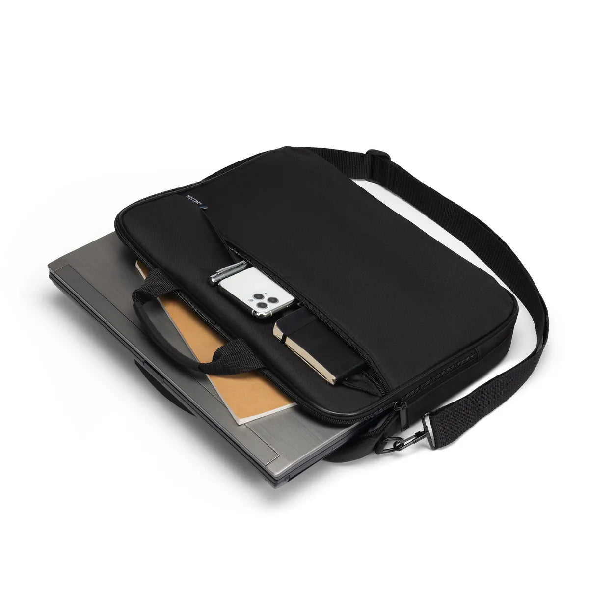 Black laptop bag with a shoulder strap, containing a laptop and a phone, on a white background.