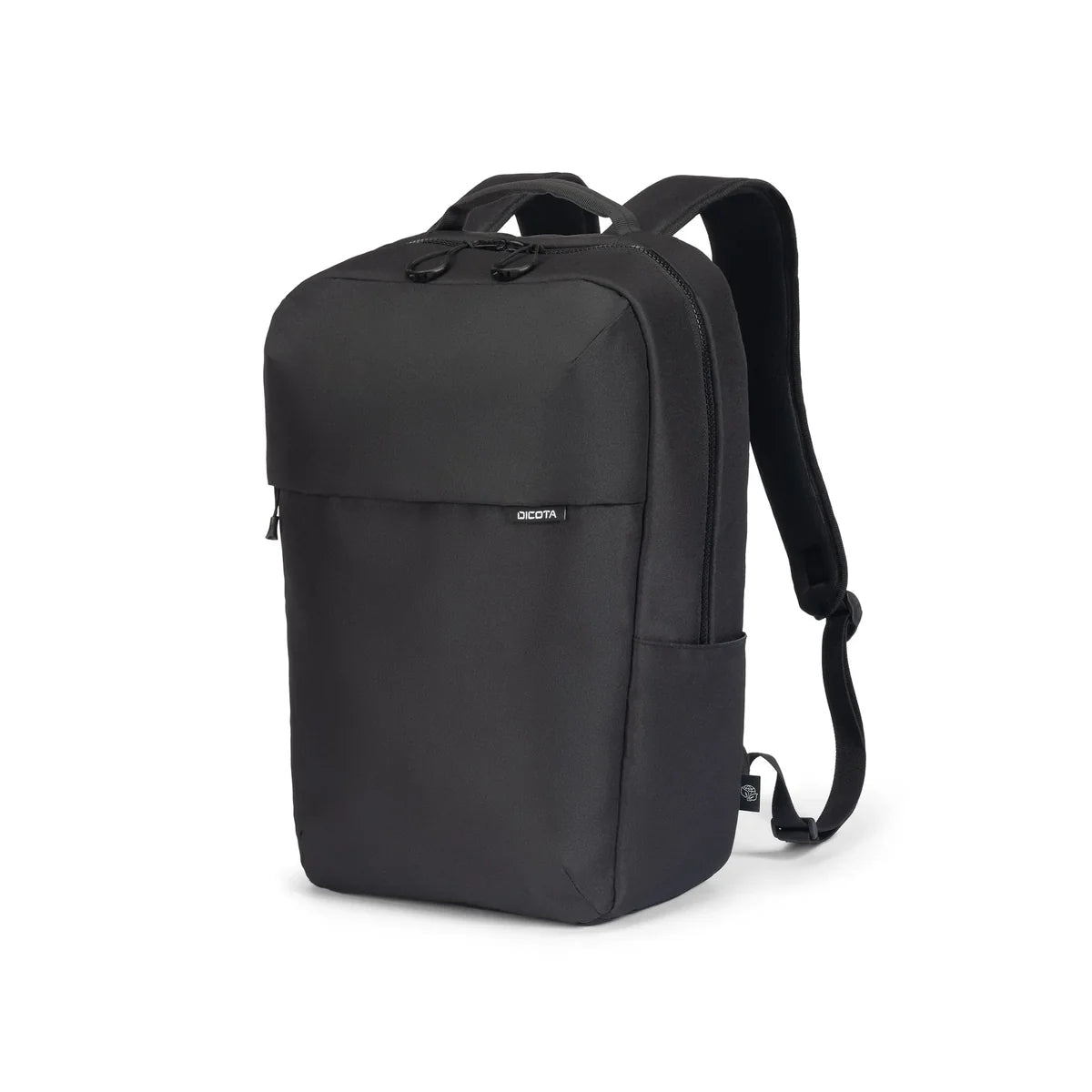 A black backpack with a top handle, dual zipper compartments, and adjustable shoulder straps, shown from a three-quarter angle on a white background.