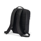 Black backpack shown from the back, featuring padded shoulder straps, a breathable mesh back panel, and a top carry handle, photographed on a clean white background.