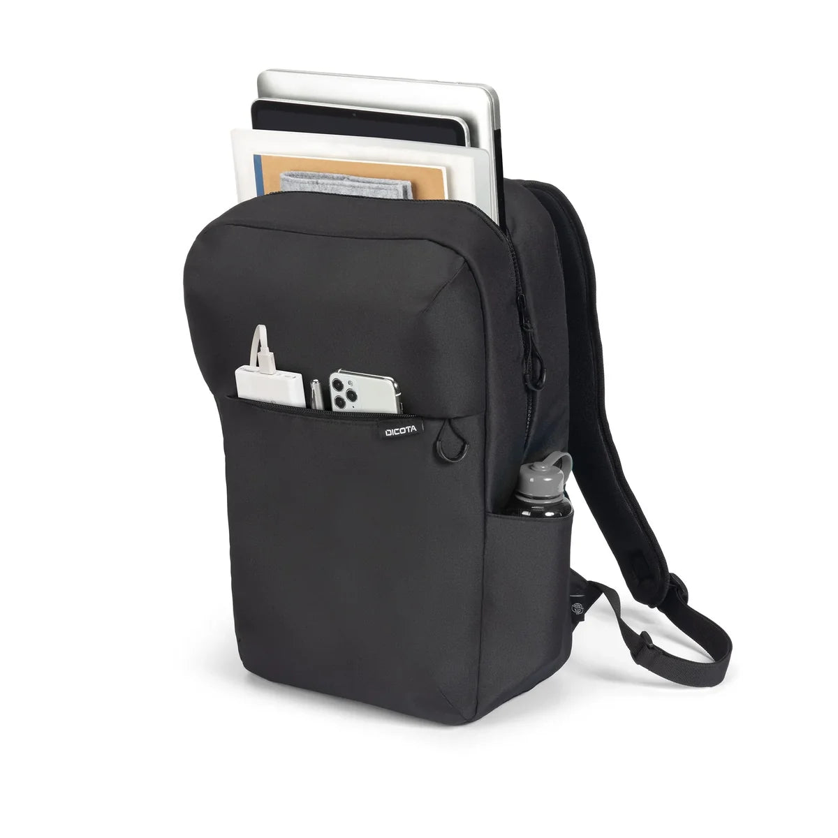 A black backpack shown on a white background, filled with documents and holding a white device in its front pocket. The brand name 'COTOP' is visible on the front pocket.