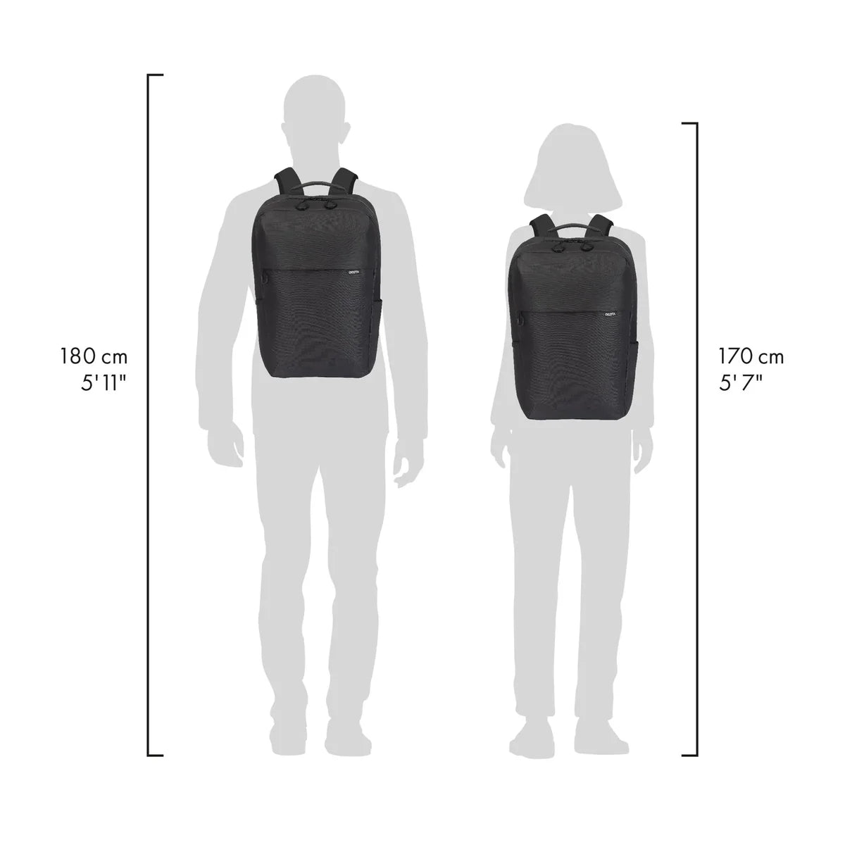 A black backpack shown on two gray human silhouettes, with height measurement lines and text indicating 180 cm (5'11") for the larger figure and 170 cm (5'7") for the smaller figure.