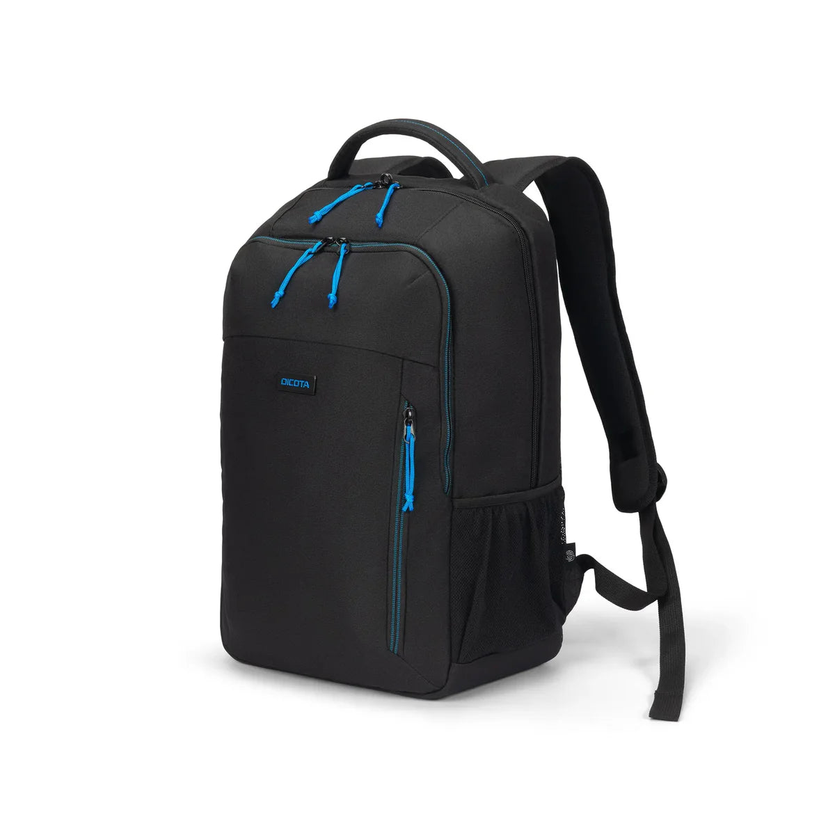Black backpack with blue zippers on a white background