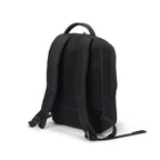 Black backpack shown from the back view on a white background, featuring a breathable mesh back panel, padded shoulder straps, and subtle blue accent stitching.