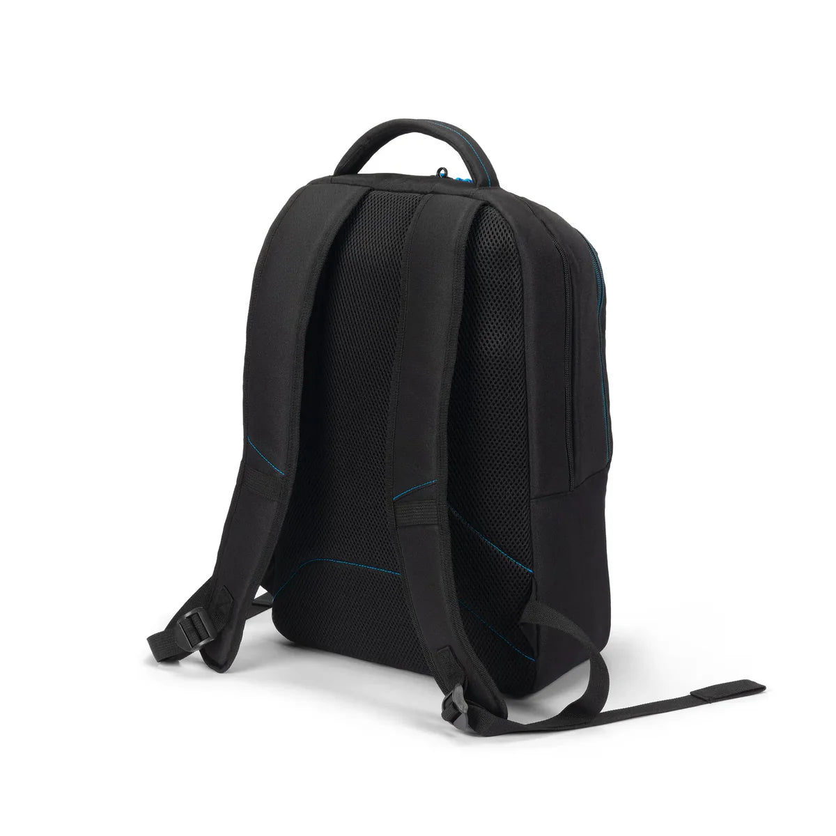 Black backpack shown from the back view on a white background, featuring a breathable mesh back panel, padded shoulder straps, and subtle blue accent stitching.