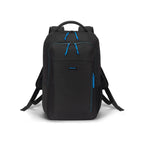 A black backpack with bright blue zipper pulls and trim, featuring a top handle, shoulder straps, and a front zippered pocket. The brand name 'DEJIA' is visible on a small blue label on the front pocket.
