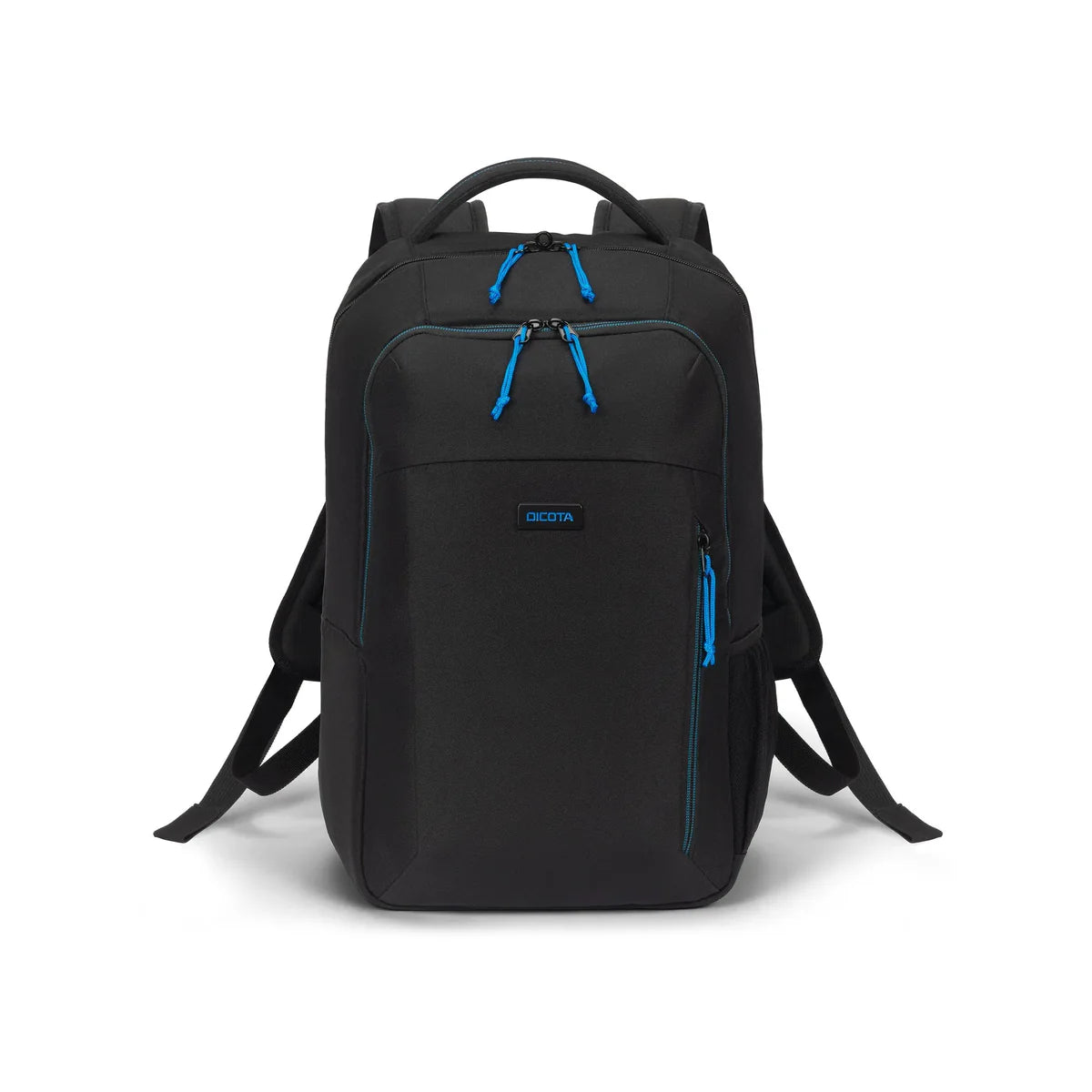 A black backpack with bright blue zipper pulls and trim, featuring a top handle, shoulder straps, and a front zippered pocket. The brand name 'DEJIA' is visible on a small blue label on the front pocket.