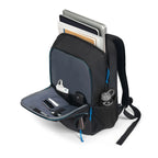 A black backpack shown open on a white background, filled with a laptop, notebooks, a water bottle, earbud case, and other accessories. The backpack has blue zipper pulls and a gray interior lining.