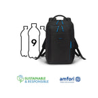 A black backpack with bright blue zipper pulls and side accents, shown on a white background with three outlined water bottles and sustainability/Amfori logos below.