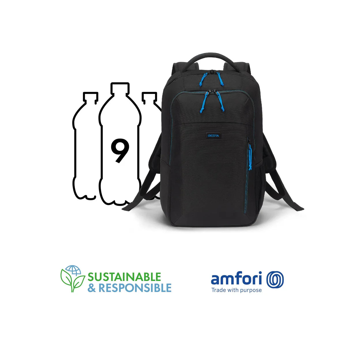 A black backpack with bright blue zipper pulls and side accents, shown on a white background with three outlined water bottles and sustainability/Amfori logos below.