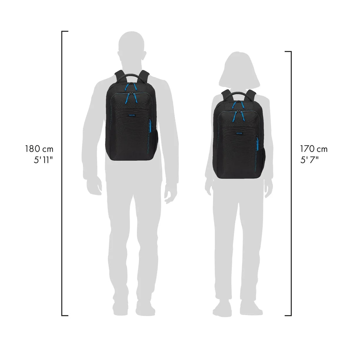 A black backpack shown on two gray human silhouettes, with height measurements labeled 180 cm (5'11") on the left and 170 cm (5'7") on the right, on a white background.