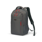 A dark gray backpack with red zipper pulls and piping details, shown from a three-quarter angle on a white background.