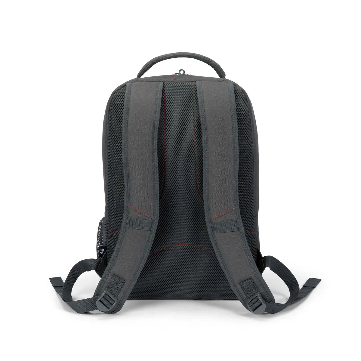 The back view of a dark gray mesh backpack with padded shoulder straps and a top carry handle, shown on a plain white background.