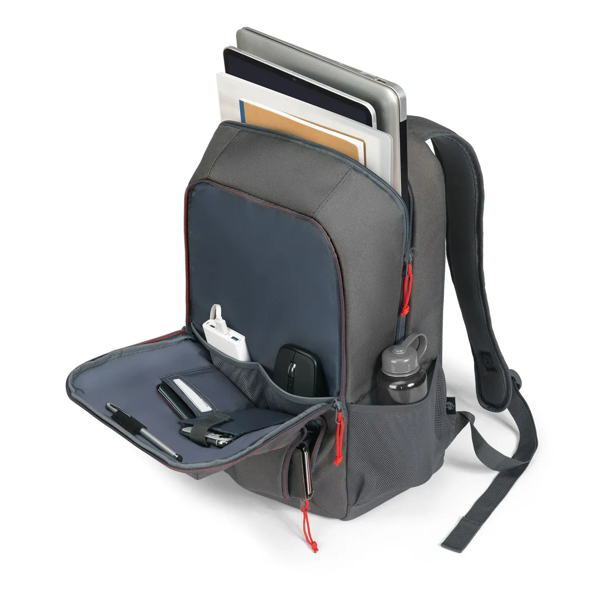 A gray backpack shown on a white background with its front compartments open, containing a laptop, notebooks, pens, a phone, and a water bottle.